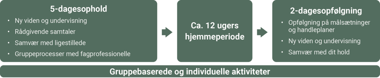 Model af forløbets tre dele med 5-dagesophold efterfulgt af ca. 12 ugers hjemmeperiode afsluttet med en 2-dages opfølgning.