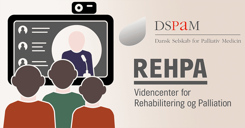 Illustration af webinar med ikoner fra Dansk Selskab for Palliativ Medicin og REHPA