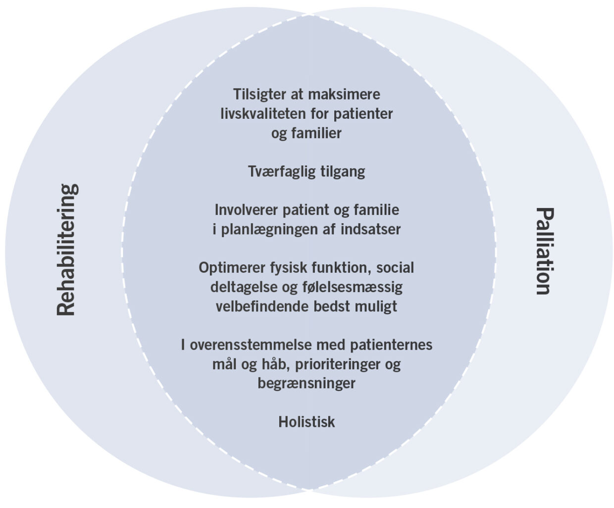 Fælles karakteristika ved rehabilitering og palliation (Efter figur i Tiberini og Richardson, 2015)