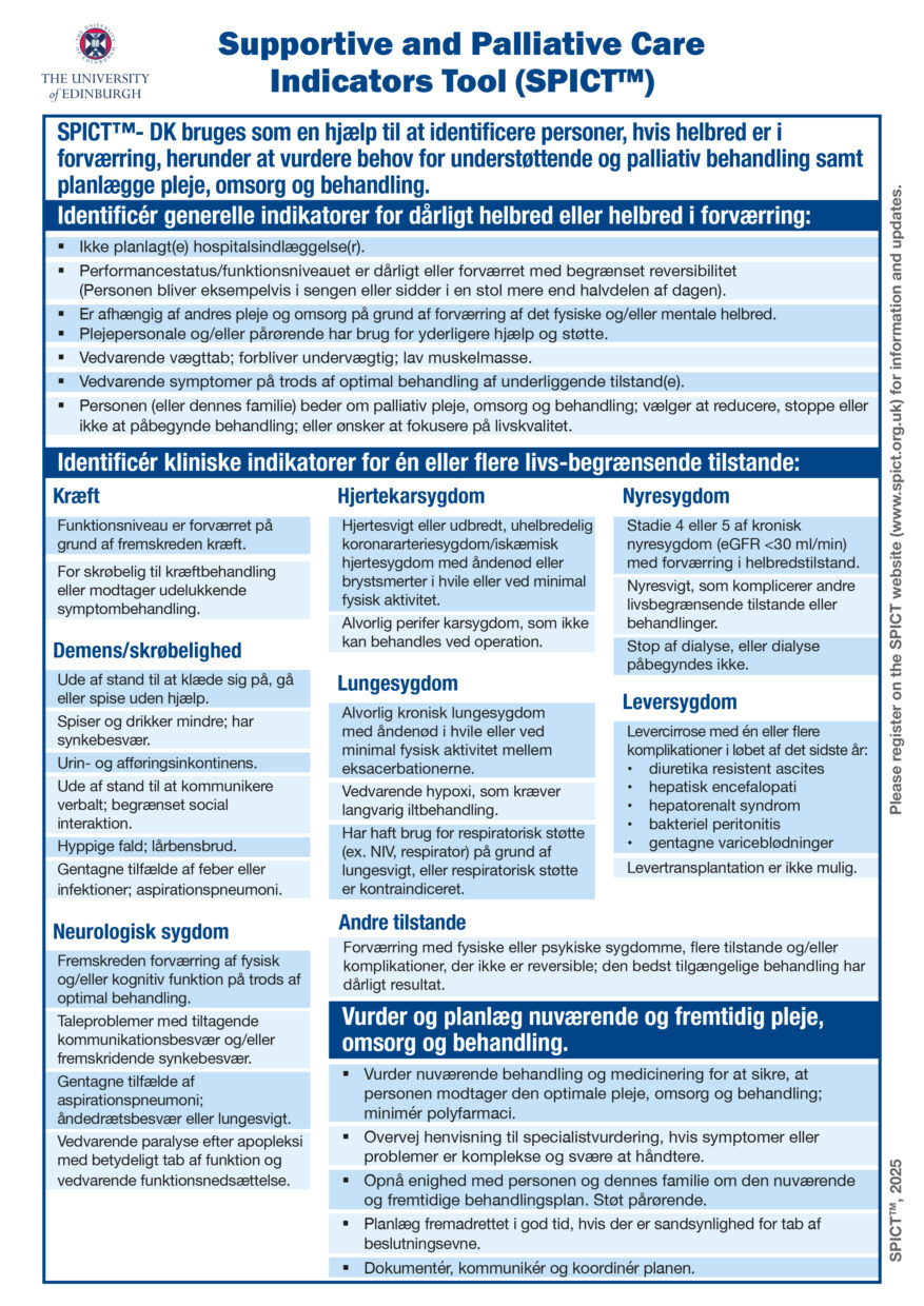 Supportive and Palliative Care Indicators tool (SPICTTM) på dansk inkl. tilføjelsen af psykisk sygdom under 'Andre tilstande'.