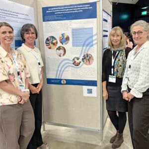 Thilde Bødtker, sygeplejerske, Karen Sloth, sygeplejeske og Master i rehabilitering, professor Karen la Cour og ergoterapeut Eike Farmann Nielsen ved siden af posteren om projektet ved EAPCs verdenskongres 2025.