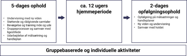 Visualisering af forløbet, der begynder med et 5-dages ophold efterfulgt af ca. 12 ugers hjemmeperiode og til sidst et 2-dages opfølgningsophold